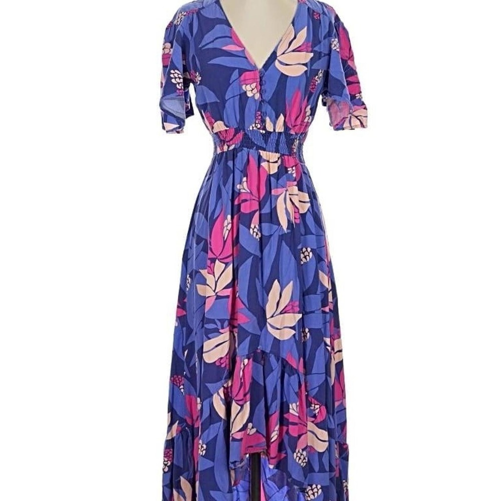 Abel The Label Blue Floral High Low Maxi Dress Smocked Waist VNeck Womens Medium